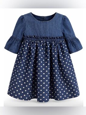 Blu & Blue New York Baby Girls 12M Denim Chambray Dress Polka Dots Ruffe Sleeves